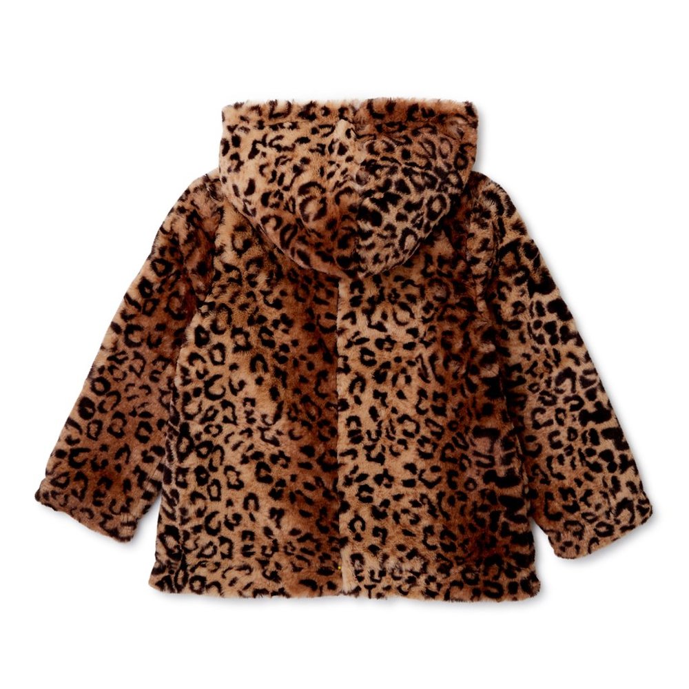 New Girls' Faux Fur Leopard Hooded Zip-Up Coat. - Picture 2 of 12